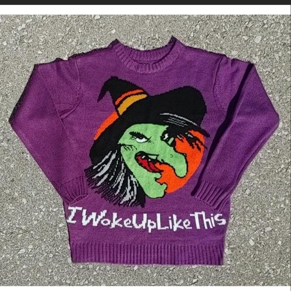 Halloween Sweaters - Y2K Witchy Halloween Horror Print Knitted Crew Neck Sweater Small Purple